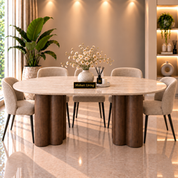 Ovale Japandi Travertijn Eettafel 180 x 90 cm – Beige met Bruine Poot