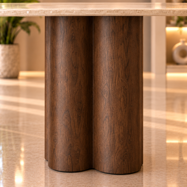 Ovale Japandi Travertijn Eettafel 180 x 90 cm – Beige met Bruine Poot