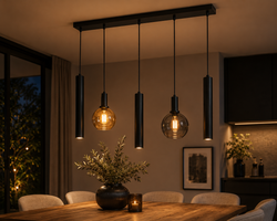 Industriële Hanglamp voor Eettafel – Smoke & Amber Glas – 5-Lichts – Dimbaar