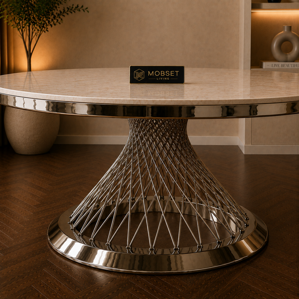 Travertin Eettafel Rond – Crème Blad met Zilveren Spin Poot