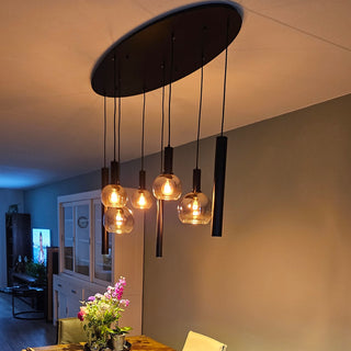 Amber Glas Hanglamp – Ovale Plaat – 5 Bollen + 3 Buisspots  – Eettafel Verlichting