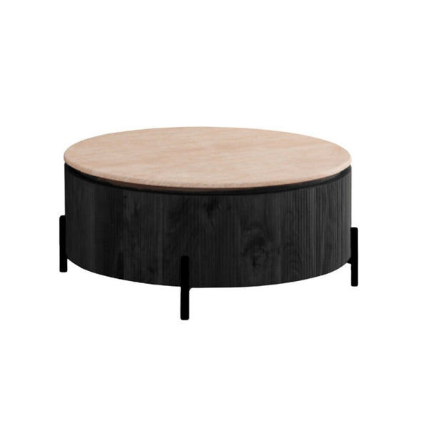 Ronde Japandi salontafel – Zwarte afwerking met travertin blad