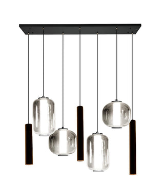 Eettafel Hanglamp – Langwerpige Plaat – 4 Smoke Glasbollen in Diverse Vormen + 3 Buisspots– 7 Lichtpunten