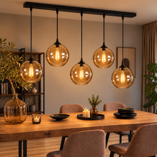 Hanglamp Eettafel Amber Glas 5 Lichtpunten