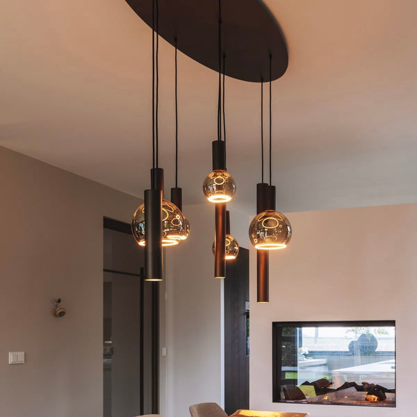 Amber Glas Hanglamp – Ovale Plaat – 5 Bollen + 3 Buisspots  – Eettafel Verlichting