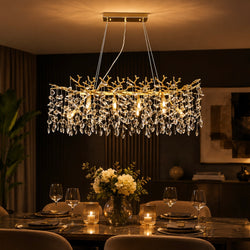 Ovale Eethoek Hanglamp Kroonluchter met Luxueuze Stenen Goud-10 Lichtpunten