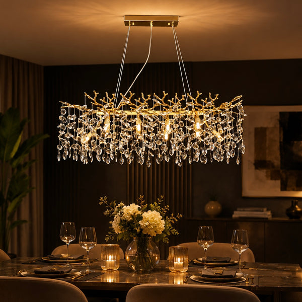 Ovale Eethoek Hanglamp Kroonluchter met Luxueuze Stenen Goud-10 Lichtpunten