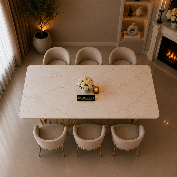 Travertin Eettafel Goud Witte Tafelblad 180x90cm