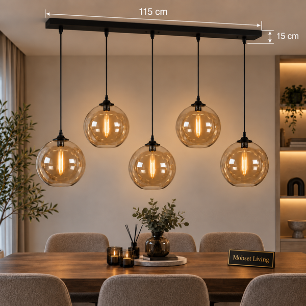 Hanglamp Eettafel Amber Glas 5 Lichtpunten