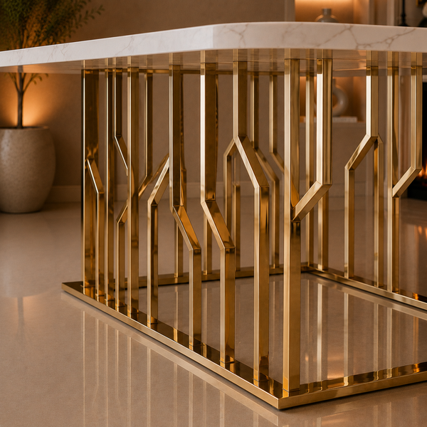 Travertin Eettafel Goud Witte Tafelblad 180x90cm