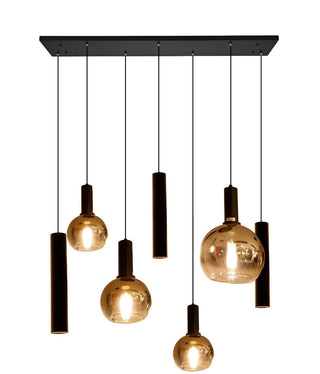 Industriële Hanglamp voor Eettafel – Zwart/Amber Glas – 7-Lichts – Dimbaar