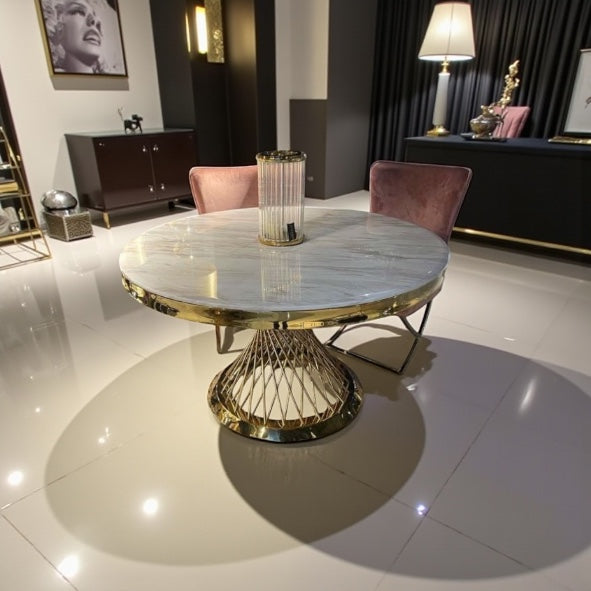 Travertin Eettafel Rond– Crème Blad met Gouden Spin Poot