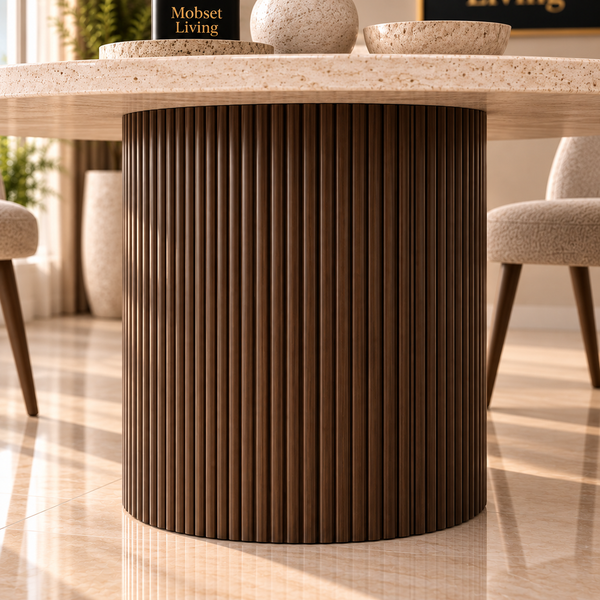 Eettafel Japandi travertin rond bruin 130 cm - Kimberly