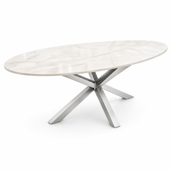 Eettafel ovaal Travertin crème blad poten zilver 180cm