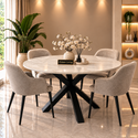 Ronde Travertin Eettafel 130 cm Witte blad - Zwarte X-poot - Luna
