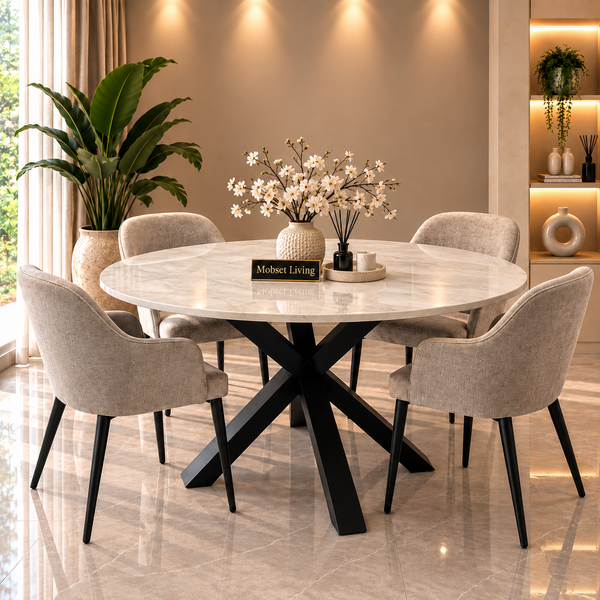 Ronde Travertin Eettafel 130 cm Witte blad - Zwarte X-poot - Luna