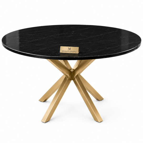 Eettafel Zwart Rond Travertin – Goud Poot -130cm