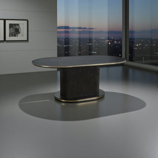 Zwarte ovale travertin tafel – Japandi look – natuursteen uitstraling