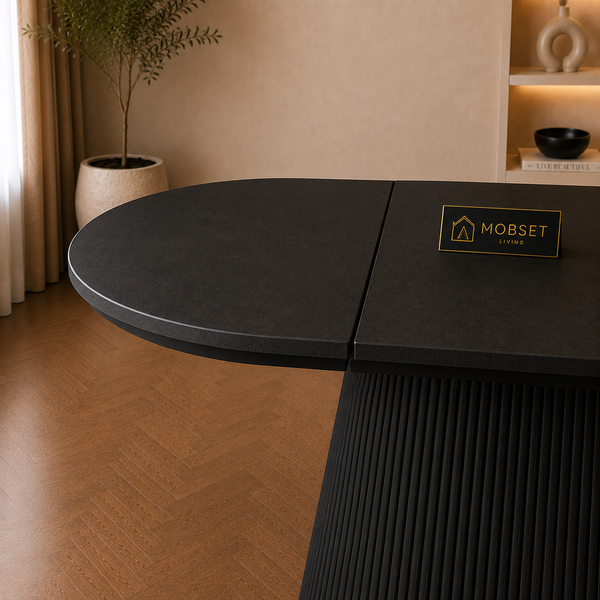 Ovale uitschuifbare Japandi eettafel – zwart MFD (160–200 cm)