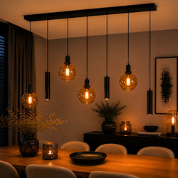 Industriële Hanglamp voor Eettafel – Zwart/Amber Glas – 7-Lichts – Dimbaar