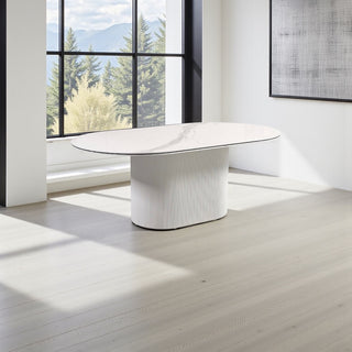 Ovale Eettafel Keramiek – Wit blad met zwarte randafwerking