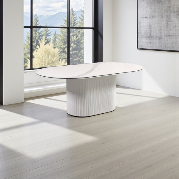 Ovale Eettafel Keramiek – Wit blad met zwarte randafwerking