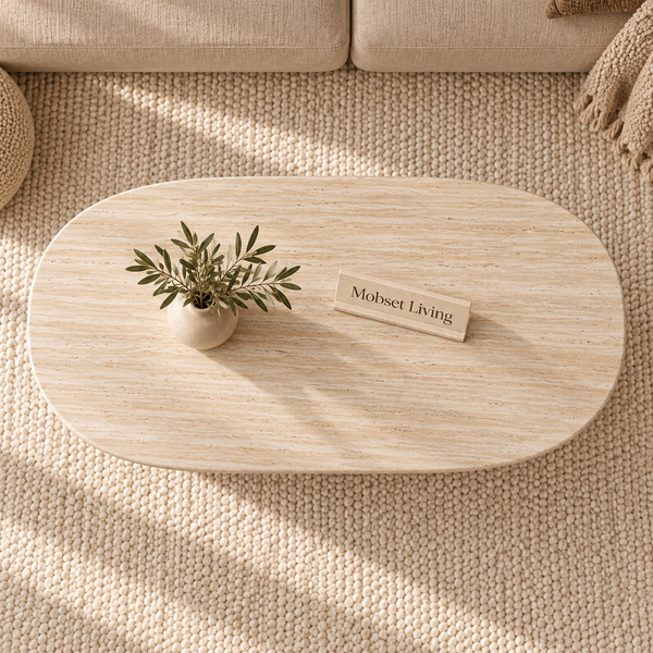 Salontafel travertin blad ovaal poot bruin 130 cm - Mina