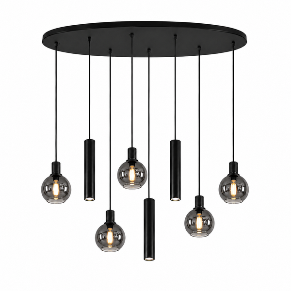 Industriële Hanglamp voor Eettafel ovaal – Smoke Glas – 8-Lichts – Dimbaar