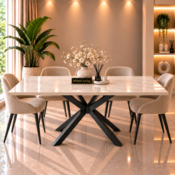 Langwerpige Travertin Eettafel 180x90 cm Witte blad - Zwarte X-poot - Luna