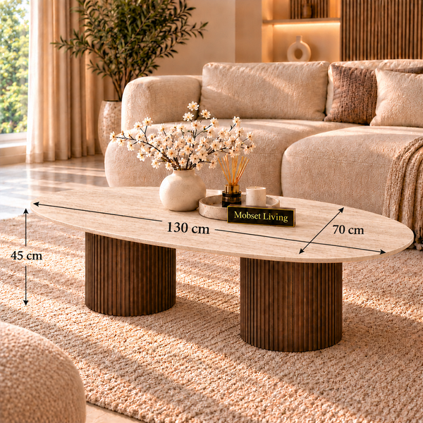 Salontafel Japandi travertin 2 potig bruin Ovaal 130 cm - Kimberly