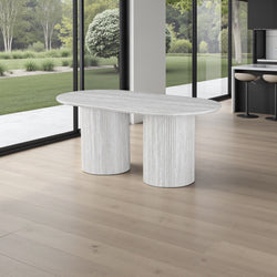 Ovale Japandi eettafel – lichtgrijs MDF met twee poten