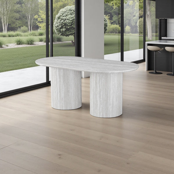 Ovale Japandi eettafel – lichtgrijs MDF met twee poten