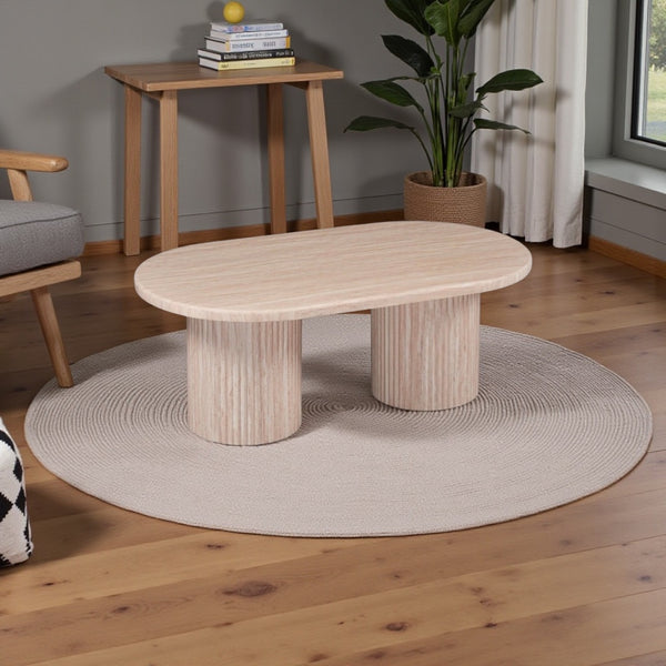 Japandi ovale salontafel – Travertin met dubbele poot