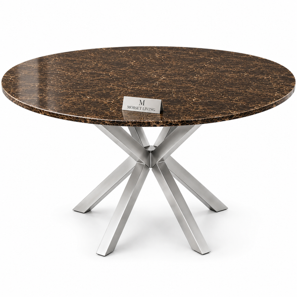 Eettafel Rond Travertin – Bruine Blad met zilveren Poten - 130cm