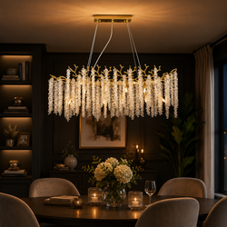 Ovale Hanglamp Kroonluchter Eethoek Goud met Kristallen Stenen - 10 Lichtpunten