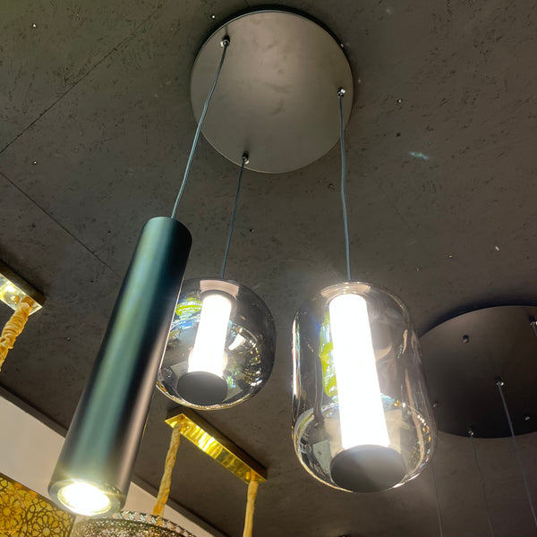 Design Hanglamp – Ronde Plaat – 2 bollen in Smoke Glas + LED spot