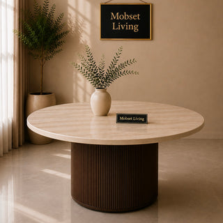 Eettafel Japandi travertin rond bruin 130 cm - Kimberly