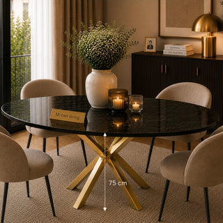 Ovale Zwarte Travertin Eettafel 160x90 cm Gouden X-poot - Amira
