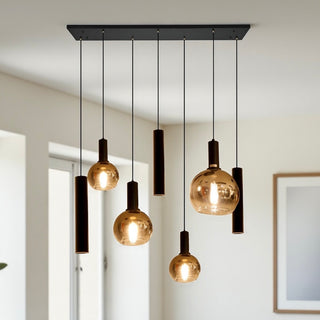 Industriële Hanglamp voor Eettafel – Zwart/Amber Glas – 7-Lichts – Dimbaar
