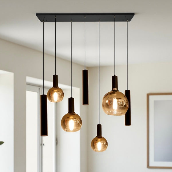 Industriële Hanglamp voor Eettafel – Zwart/Amber Glas – 7-Lichts – Dimbaar