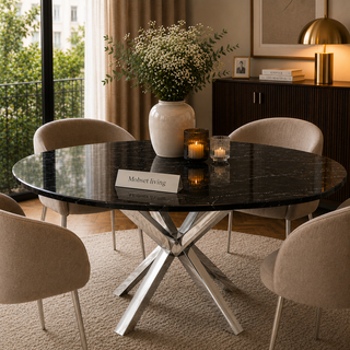 Eettafel Zwart Rond Travertin – Zilver Poot -130cm