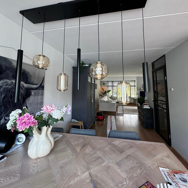 Amber glas Hanglamp Eettafel – Langwerpige Plaat – 4 Bollen in Unieke Vormen + 3 Buisspots – 7 Lichtpunten