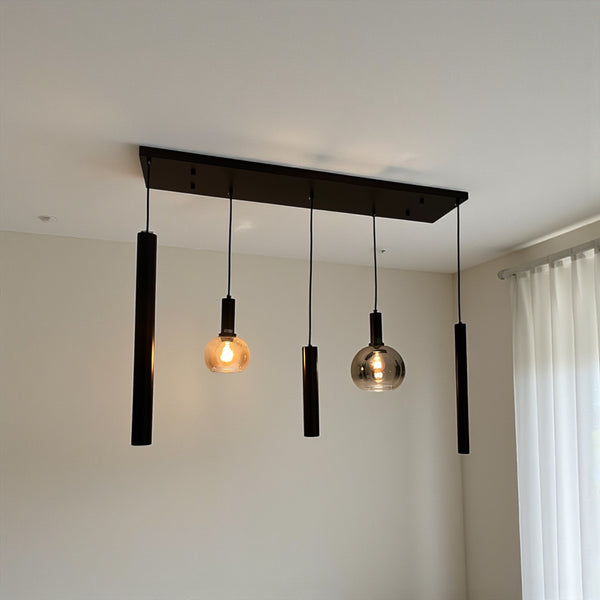 Industriële Hanglamp voor Eettafel – Smoke & Amber Glas – 5-Lichts – Dimbaar