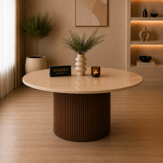 Eettafel Japandi travertin rond bruin 130 cm - Kimberly