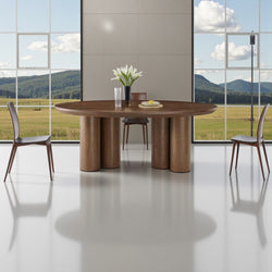 Ovale Japandi eettafel – bruin mangohout met zes poten