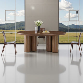 Ovale Japandi eettafel – bruin mangohout met zes poten