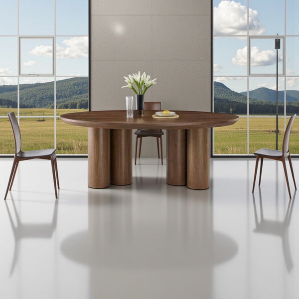 Ovale Japandi eettafel – bruin mangohout met zes poten