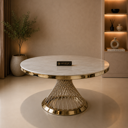 Travertin Eettafel Rond– Crème Blad met Gouden Spin Poot