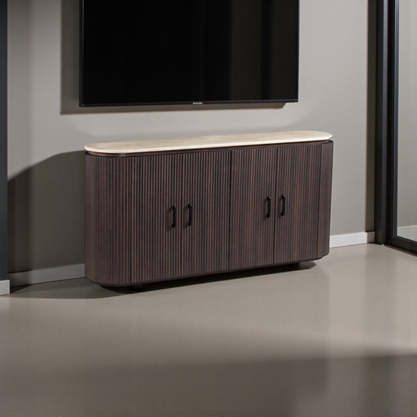 Japandi dressoir – Bruine afwerking met travertin blad en 4 deuren