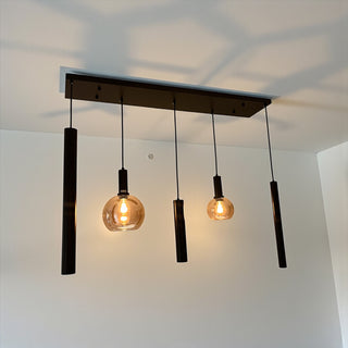 Industriële Hanglamp voor Eettafel – Zwart/Amber Glas – 5-Lichts – Dimbaar